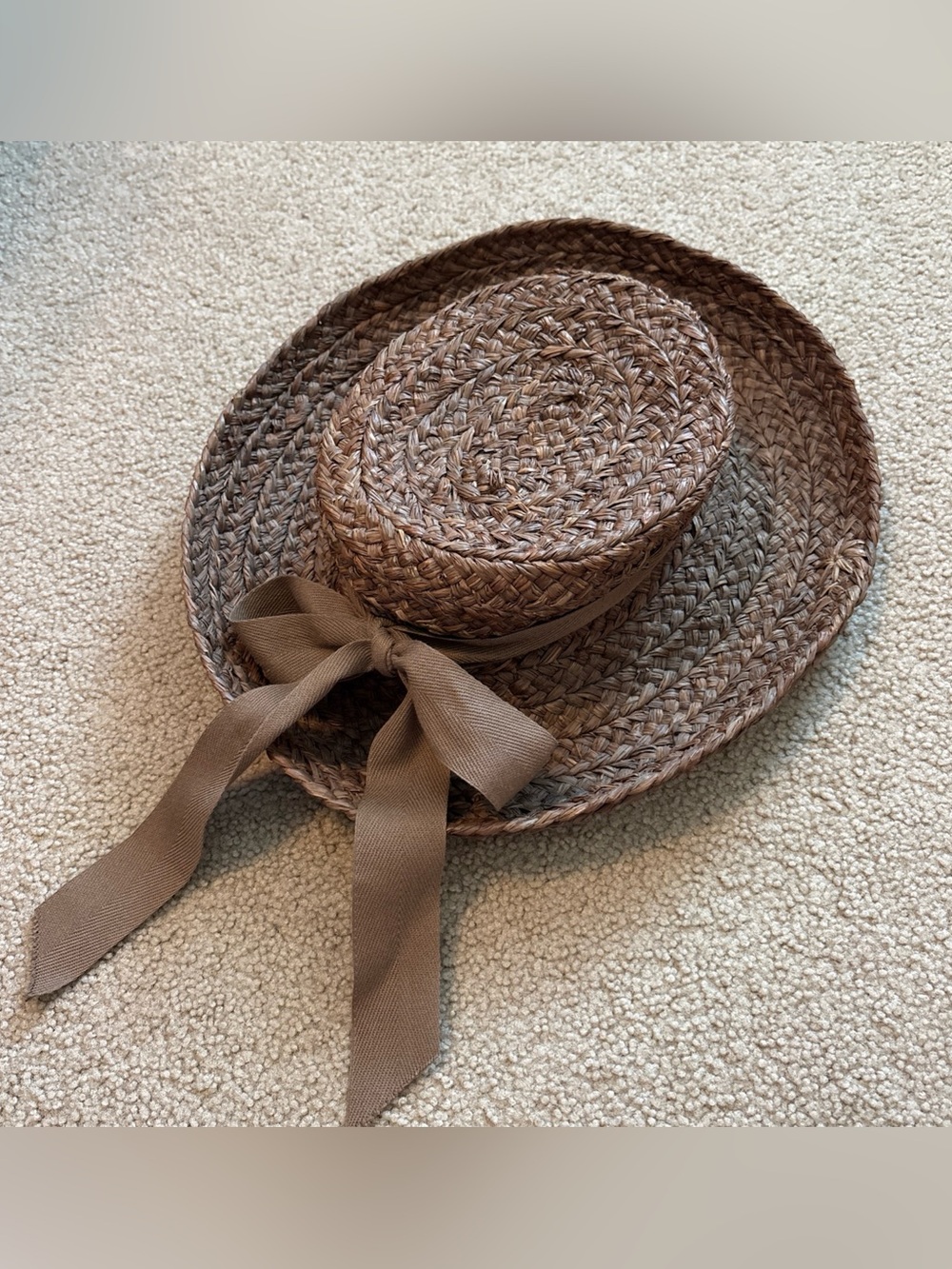 Helen Kaminski Brown Woven Straw Boater Hat with Brown Ribbon